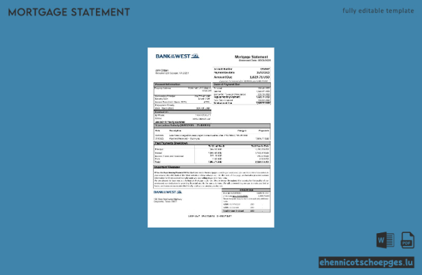USA Bank of the West Hypothekenabrechnung in Word- und PDF-Formaten – Beispielvorschau
